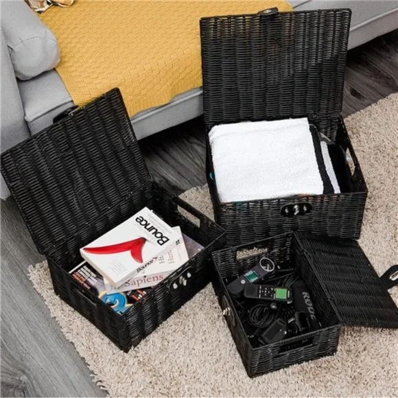 Set of 3 Woven Storage Basket Box Wicker Hamper Stackable Bin with Lid & Lock